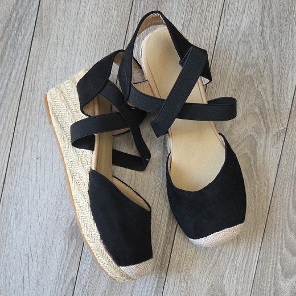 Shoes - Black Espadrille Wedge Sandals with Ankle Straps 10